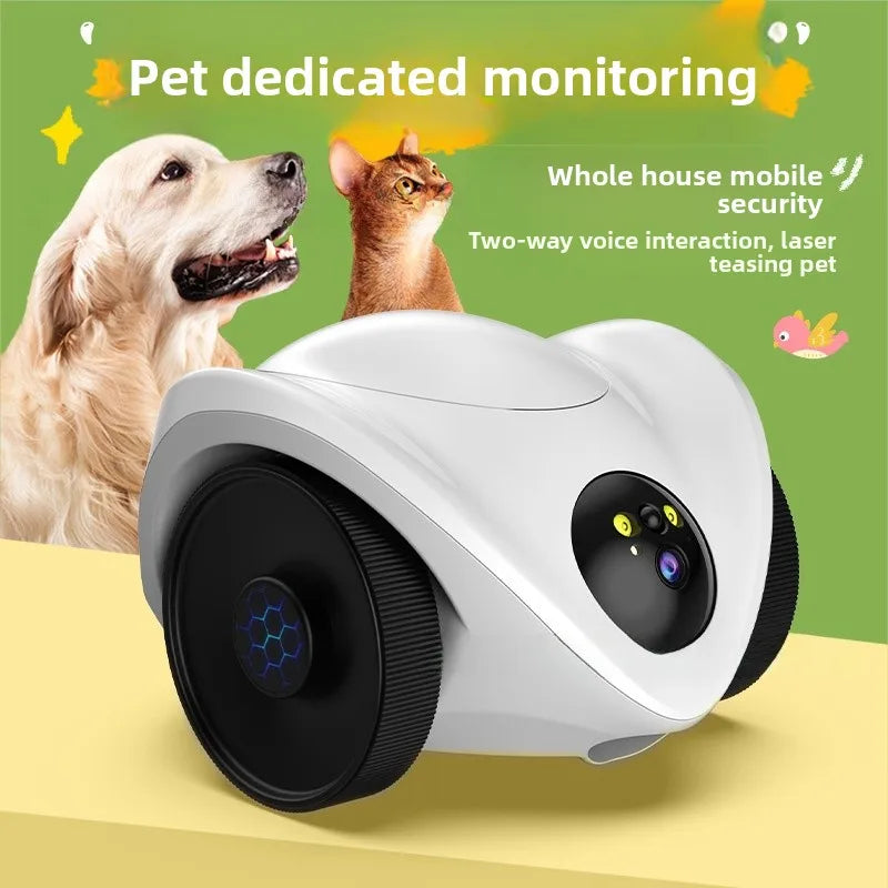 Intelligent pet feeder can be remotely controlled equipped with a camera capable of moving communicating and featuring a laser