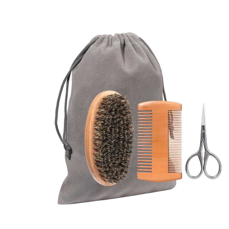 Men's Beard Grooming Kit - Double-Sided Comb + Scissors + Beard Brush with Storage Bag