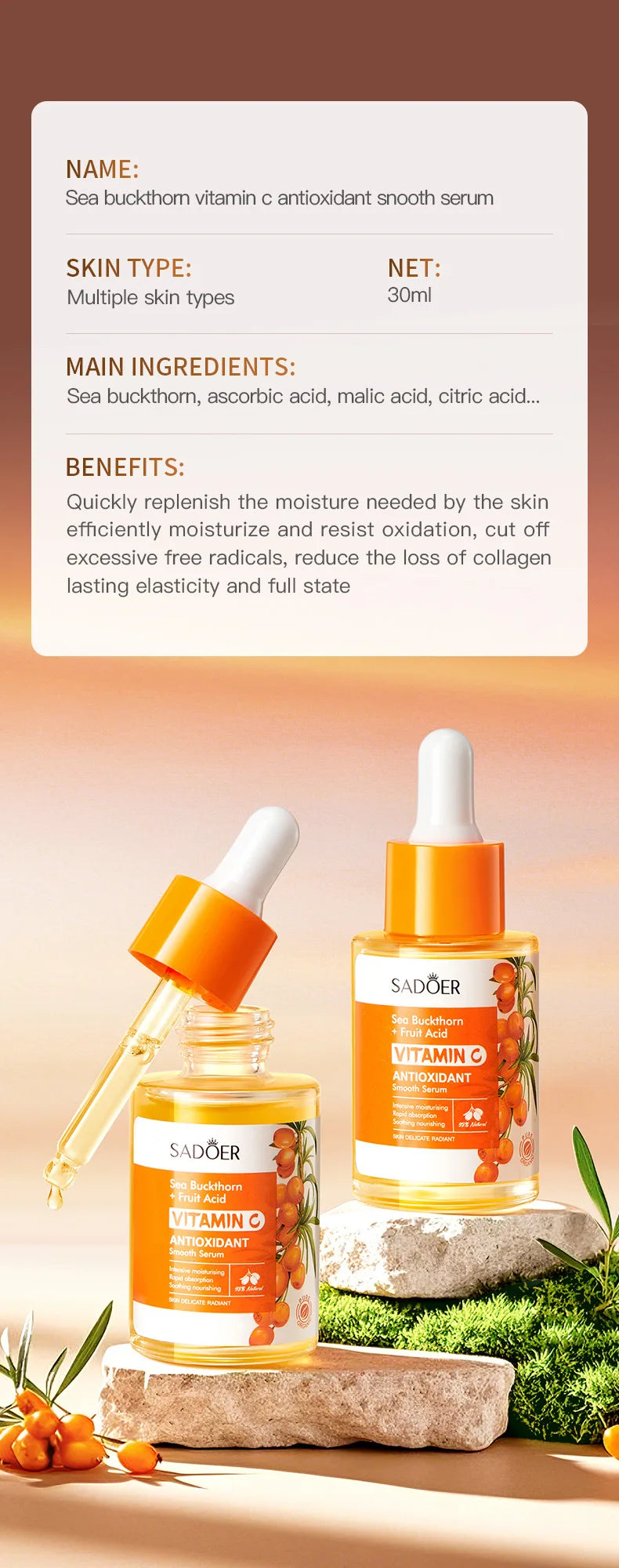 SADOER Sea Buckthom Vitamin C Antioxidant Snooth Serum Antioxidant Brightening and Moisturizing Essence