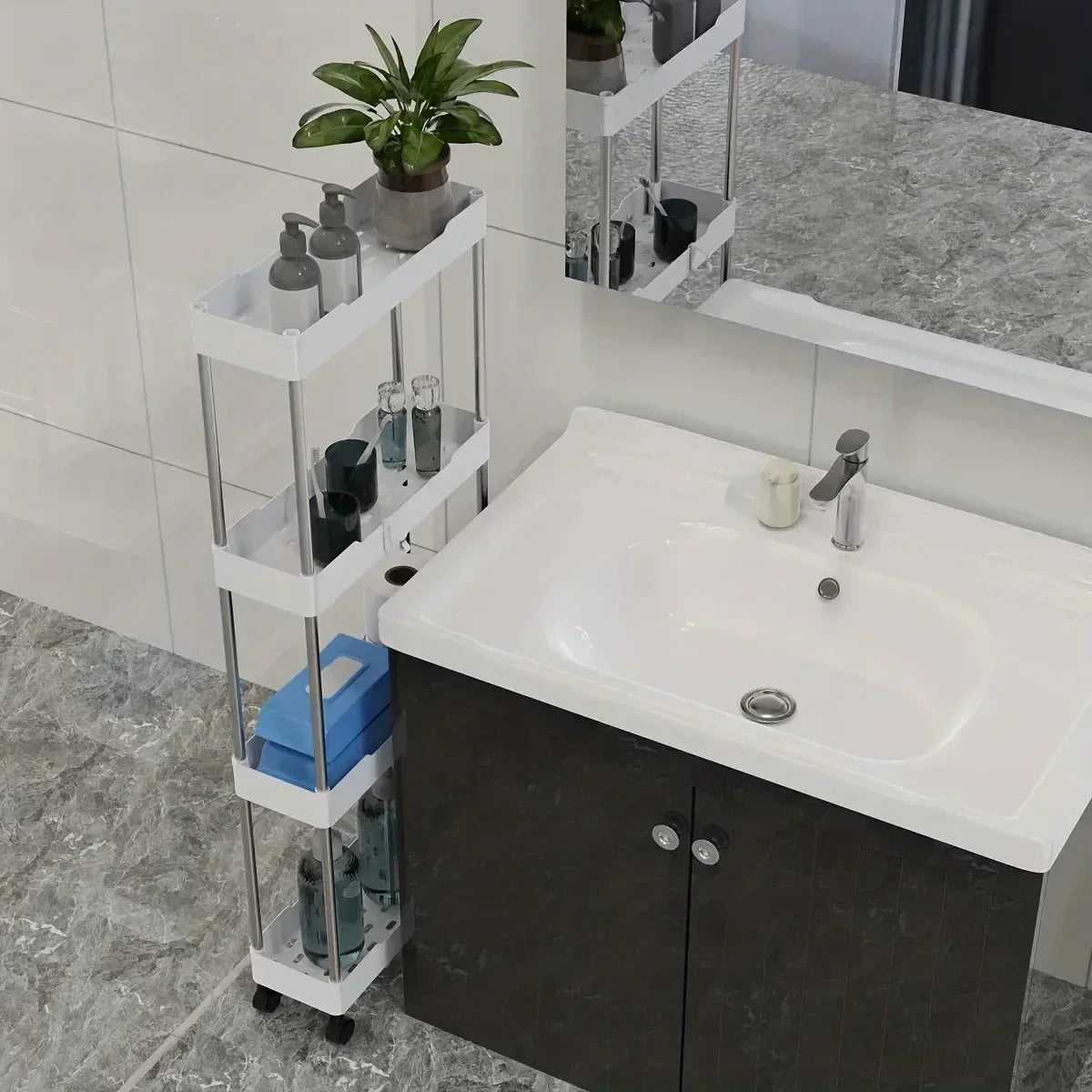 Space-Saving Mobile Shelving Unit，Slim Rolling Storage Cart with Wheels, Narrow Bathroom Organizer & Multi-Purpose Kitchen Cart