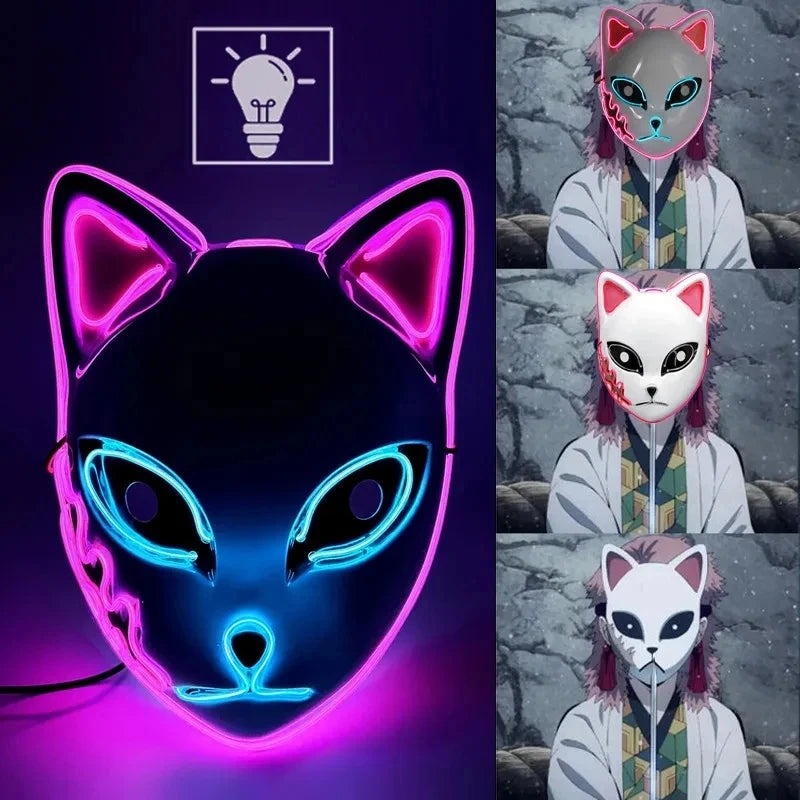 2025 Halloween Neon Mask Cosplay Japanese Anime Neon LED Demon Slayer Mask Halloween Party Costume Props