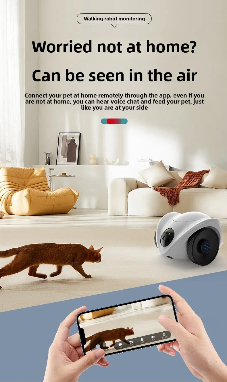 Intelligent pet feeder can be remotely controlled equipped with a camera capable of moving communicating and featuring a laser