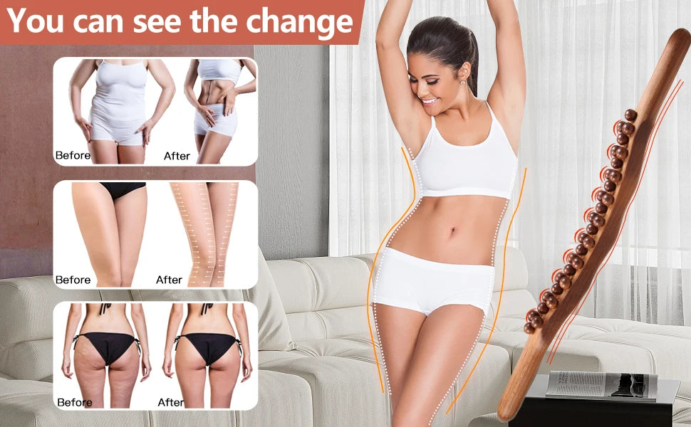 Guasha Wood Stick Tools Wooden Therapy Scraping Lymphatic Drainage Massager, Double Row 31 Beads Point Treatment Gua Sha Tools