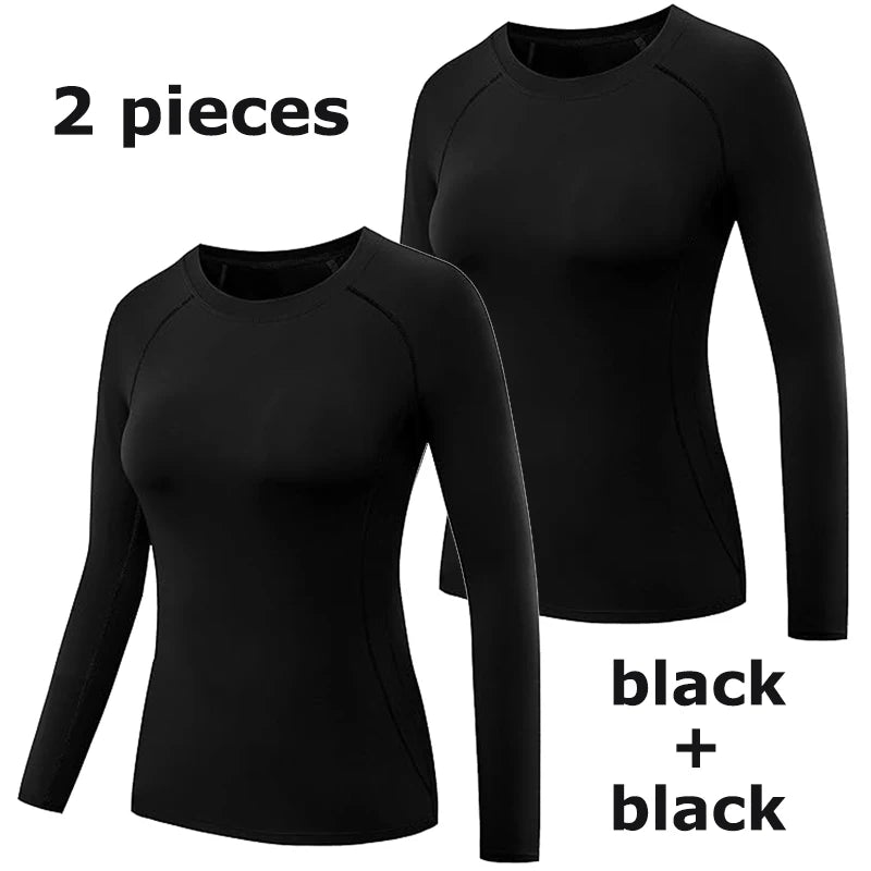 Women's Compression Shirt Athletic Yoga Running Long Sleeve T-Shirt Spring Fall Gym Workout Stretchy Baselayers Rash Guard Tops