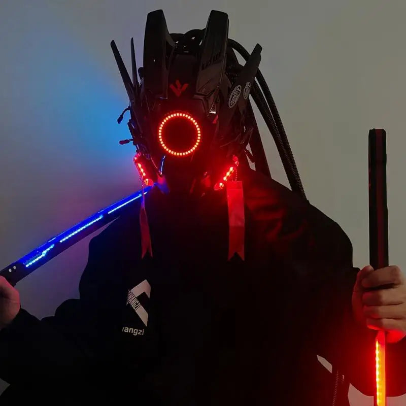 Cyber Led Helmet Mask Music-Reactive Futuristic Light-Up Face Cover Cosplay Party Club Rave Festival Usb Rechargeable Adjustable