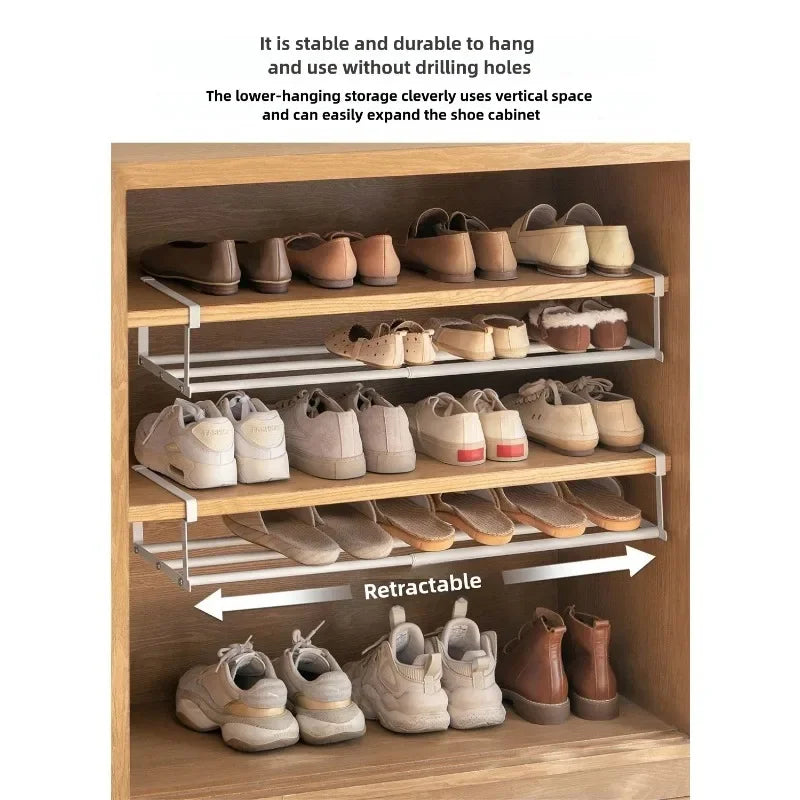 Space - Saving Adjustable Layered Shoe Rack Under - Shelf Holder with Hanging Basket for Home Cabinets