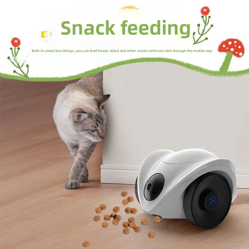 Intelligent pet feeder can be remotely controlled equipped with a camera capable of moving communicating and featuring a laser