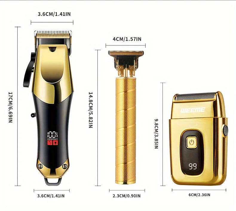Men's Grooming Kit 3-Piece Set, Golden Balck Hair Clippers With LCD Display, USB Rechargeable, 8 Guide Combs, Trimmer And Shaver