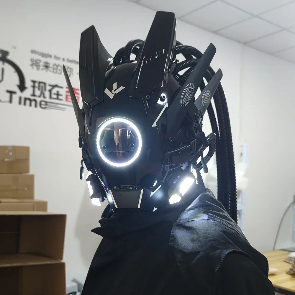 Cyberpunk mask red lighting led with hair Music Festival fantastic cosplay sci-fi soldier helmet Halloween party gift for adults