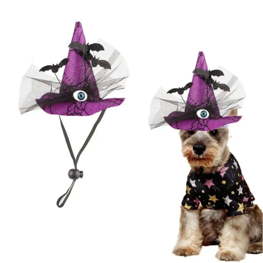 Pet Accessories Decorative Pet Witch Hat Adjustable Stripe Cat Cosplay Hat Lace Dog Bat Hat for Cat Puppy
