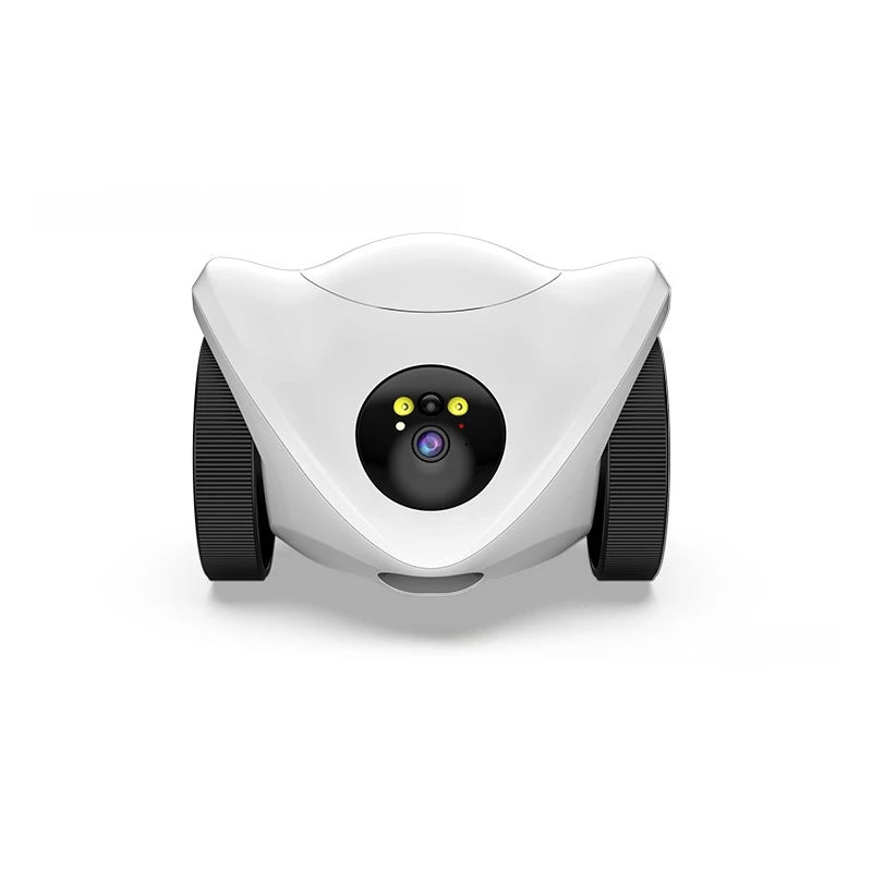 Intelligent pet feeder can be remotely controlled equipped with a camera capable of moving communicating and featuring a laser