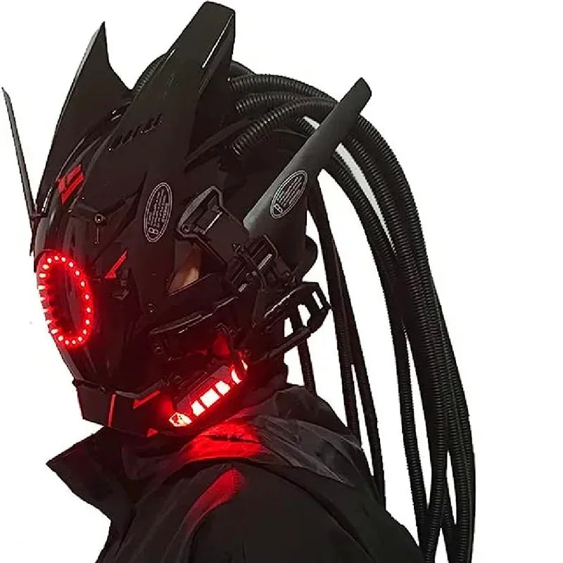 Cyberpunk mask red lighting led with hair Music Festival fantastic cosplay sci-fi soldier helmet Halloween party gift for adults