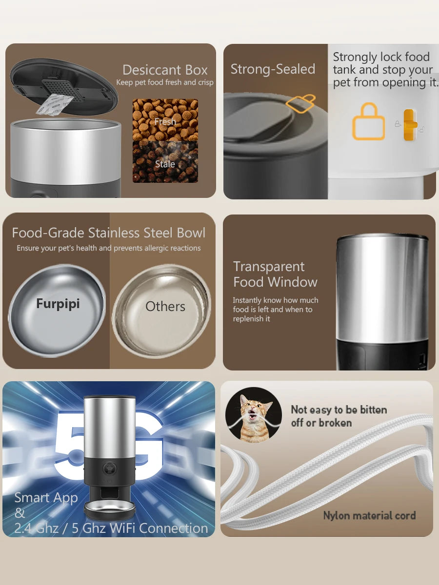 5L Smart Automatic Cat Feeders with 1080P HD Camera 5G WiFi Pet Feeder Tuya APP Control Automatic Cat Dog Food Dispenser Furpipi