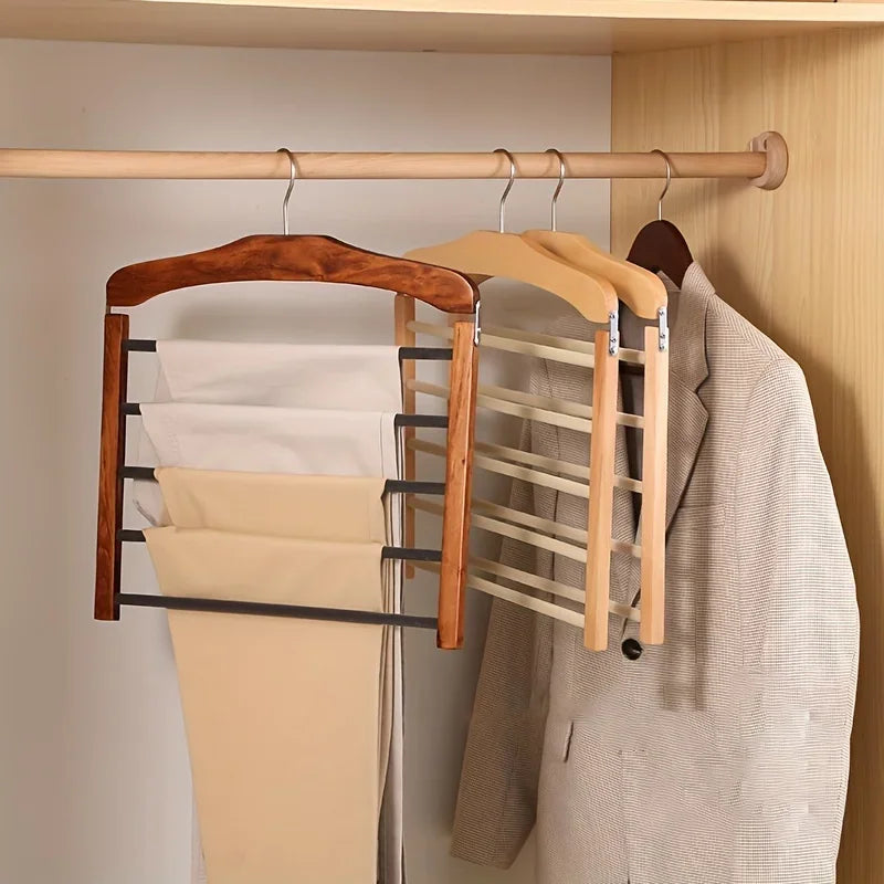 [Space-Saving] Space-Saving Wooden Pants Hanger |   1pc |   Wooden |   Multi-Tier |   Closet Organizer for Ties, Scarves & More