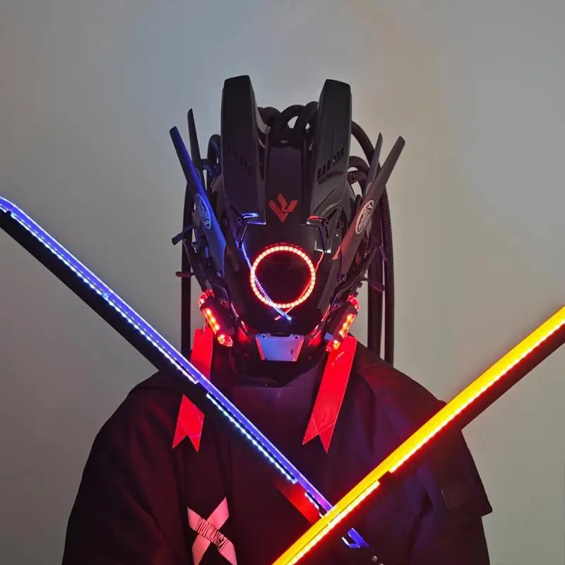 Cyber Led Helmet Mask Music-Reactive Futuristic Light-Up Face Cover Cosplay Party Club Rave Festival Usb Rechargeable Adjustable