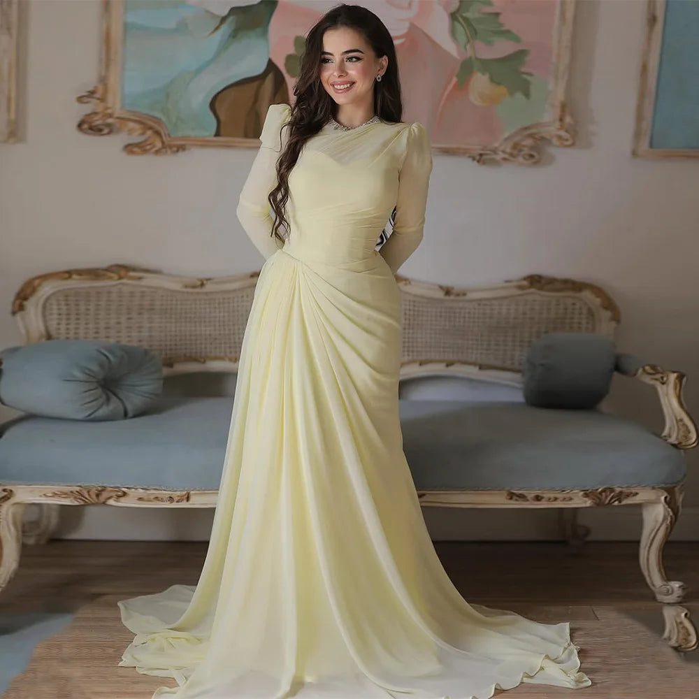 Modest Islamic Evening Dresses for Woman Customized Long Sleeves Beading Round Neck Pleat Prom Gown فساتين سهرات