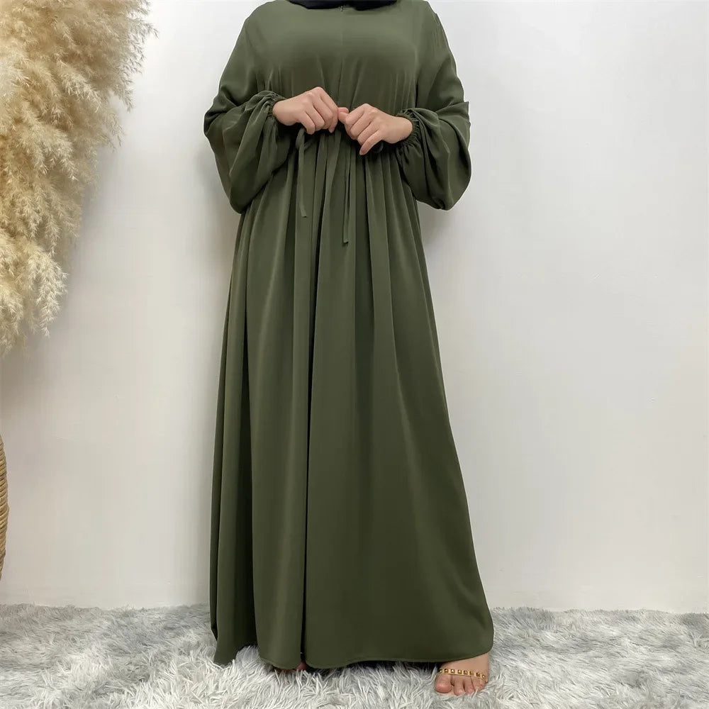 Modest Kaftan Muslim Women Puff Sleeve Dress Zipper Front Abaya Islam Clothing Arabic Robe Dubai Party Gown Eid Ramadan Jalabiya