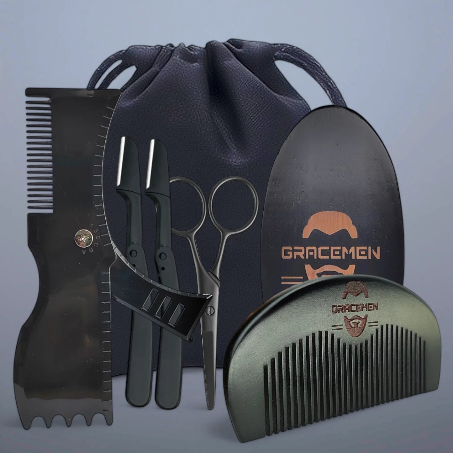 The Gracemen Beard Kit - 6 in 1 Grooming Suit for Men- Beard Template & Brush & Comb & Eyebrow Razor & Scissors with Travel Bag