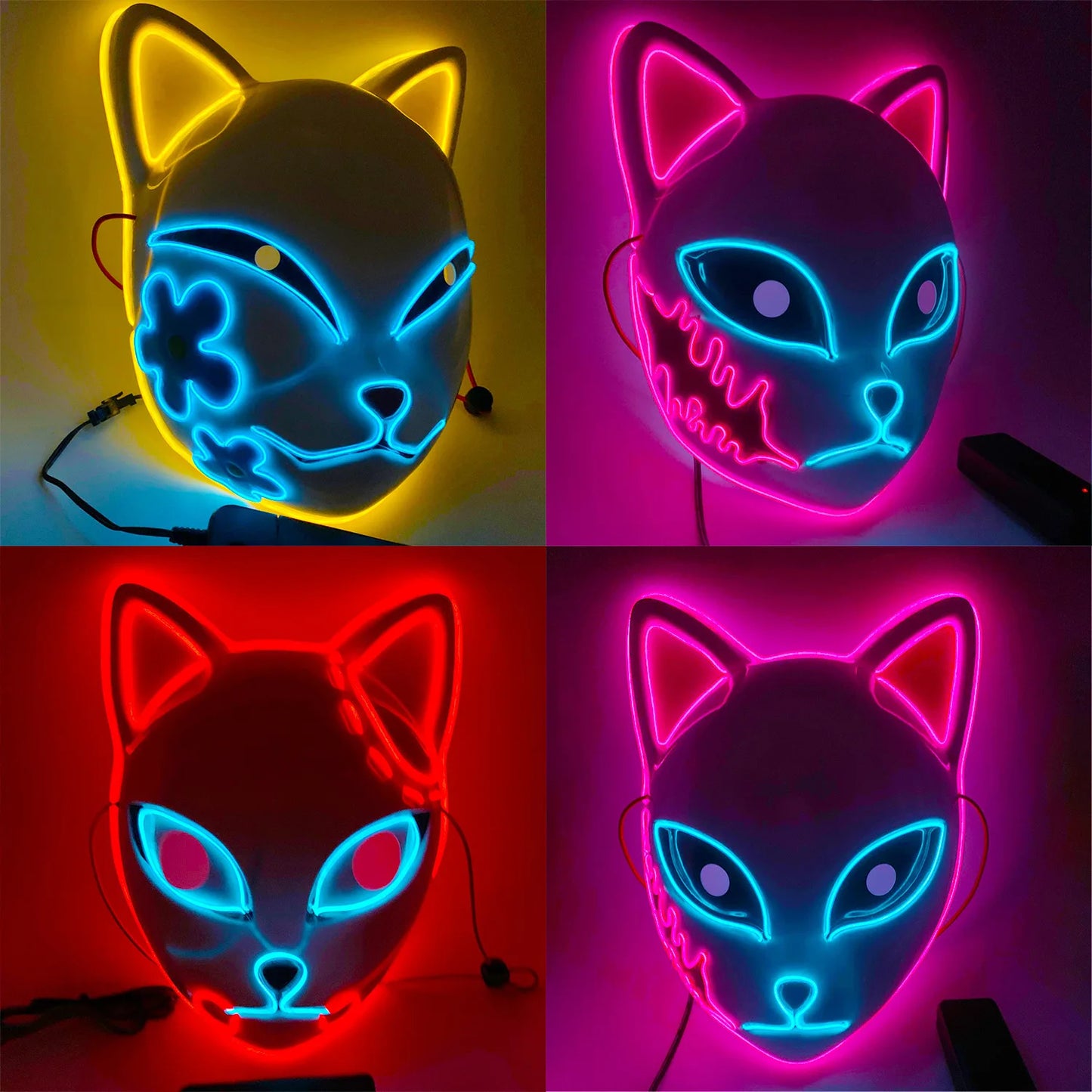 LED Fox Mask Halloween Mask Japanese Anime Cosplay Luminous Mask Suitable for Masquerade Holiday Party No Batteries Included