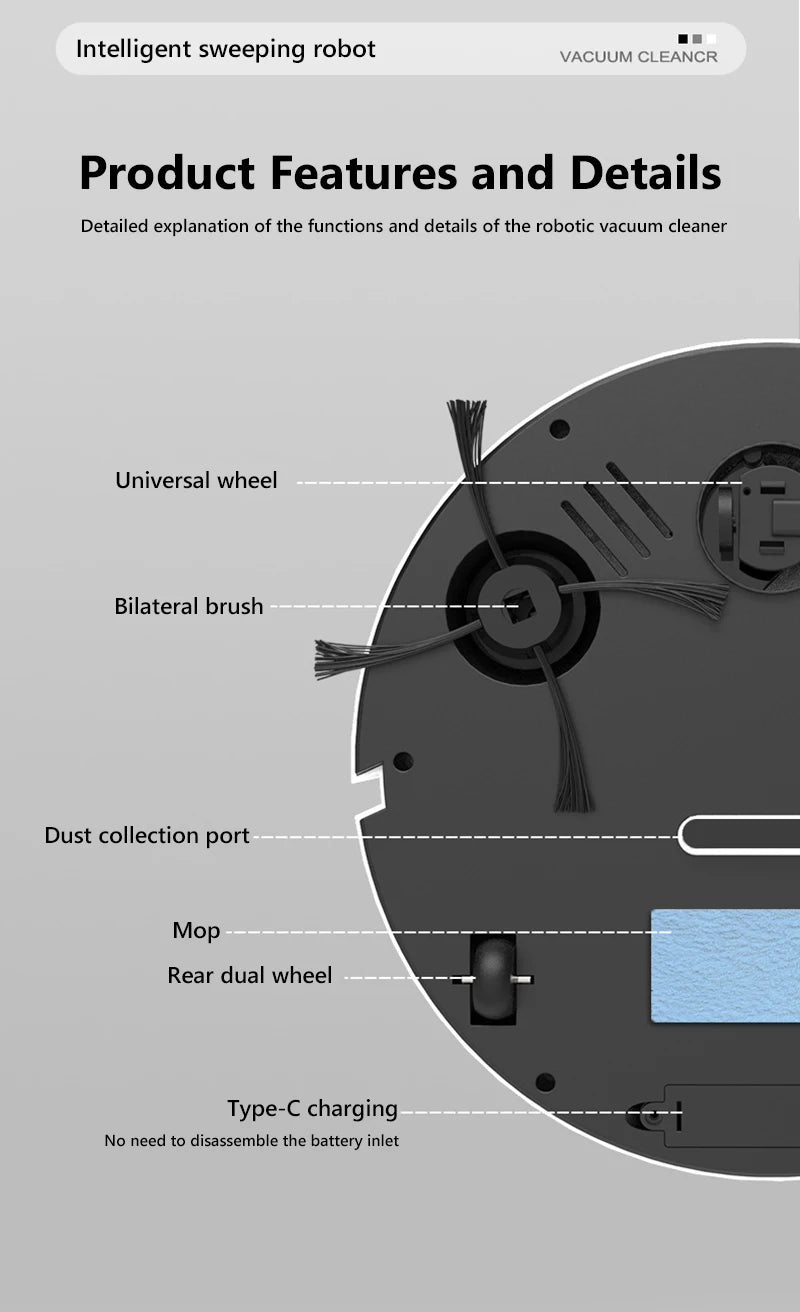 New Smart Sweeping Robot 3-in-1 Smart Cleaner Household Rechargeable Fully Automatic Vacuum Cleaner 6000Pa Suction Pet Hair
