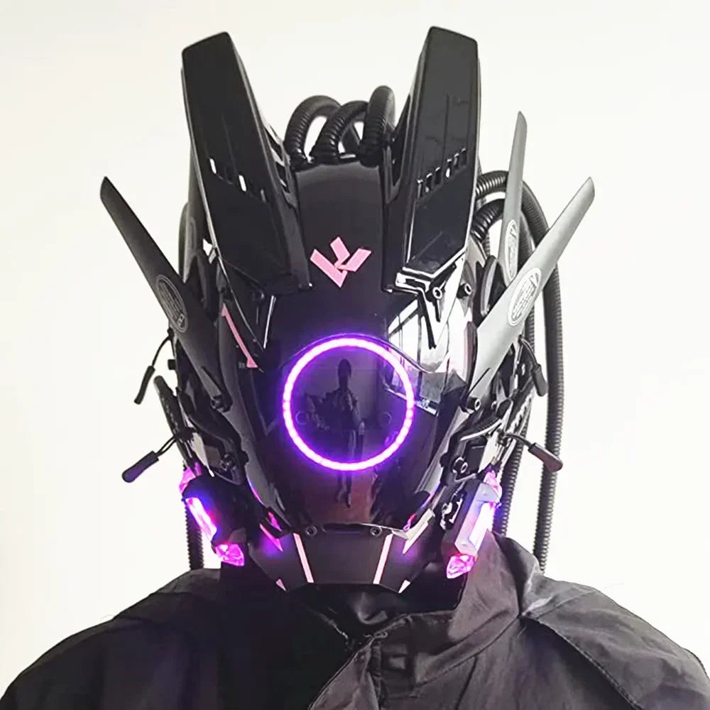 Cyberpunk mask red lighting led with hair Music Festival fantastic cosplay sci-fi soldier helmet Halloween party gift for adults
