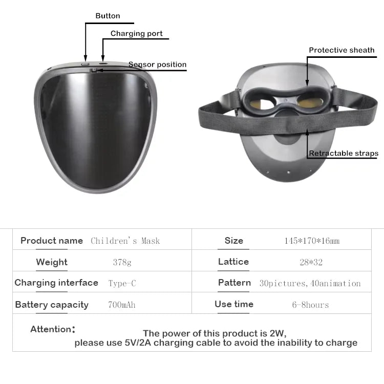 LED Mask with Gesture Sensing Children Electronic Light up Mask for Halloween Party Festival Performance Kids Luminous Mask