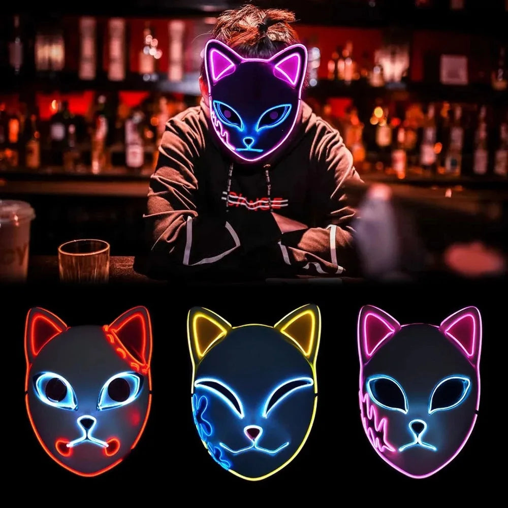 LED Fox Mask Halloween Mask Japanese Anime Cosplay Luminous Mask Suitable for Masquerade Holiday Party No Batteries Included