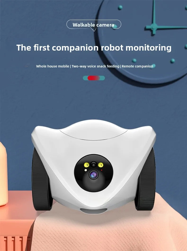 Intelligent pet feeder can be remotely controlled equipped with a camera capable of moving communicating and featuring a laser