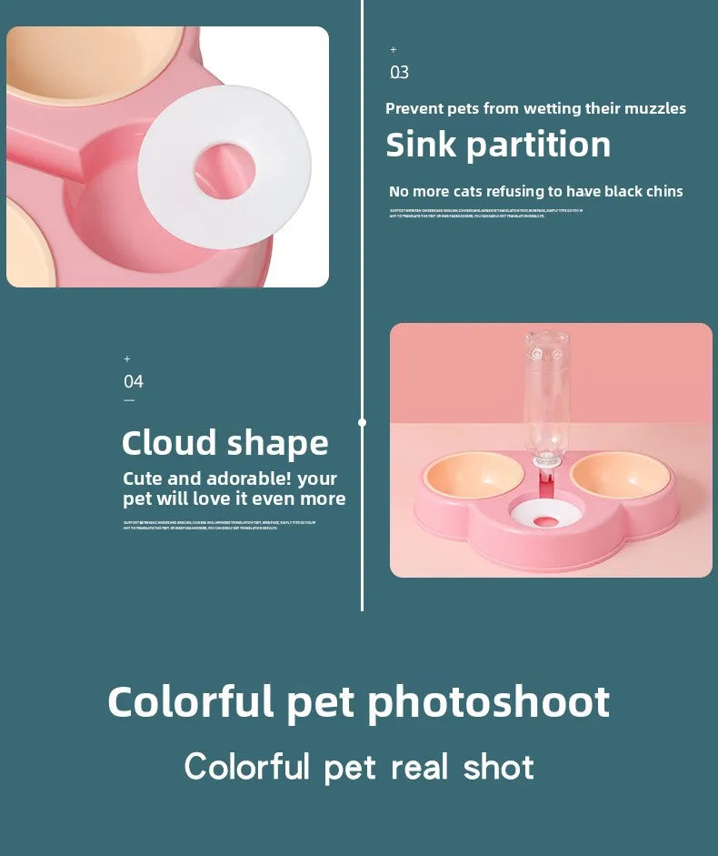 Pet feeding bowl cloud-shaped three bowls of food, snacks, water integrated feeder
