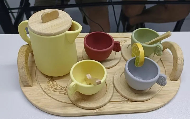 Wooden Montessori Toys Toddler Pretend Play Tea Party Set Silicone Teapot Cups Wood Tray Scoop Toys for Kids Birthday Gift