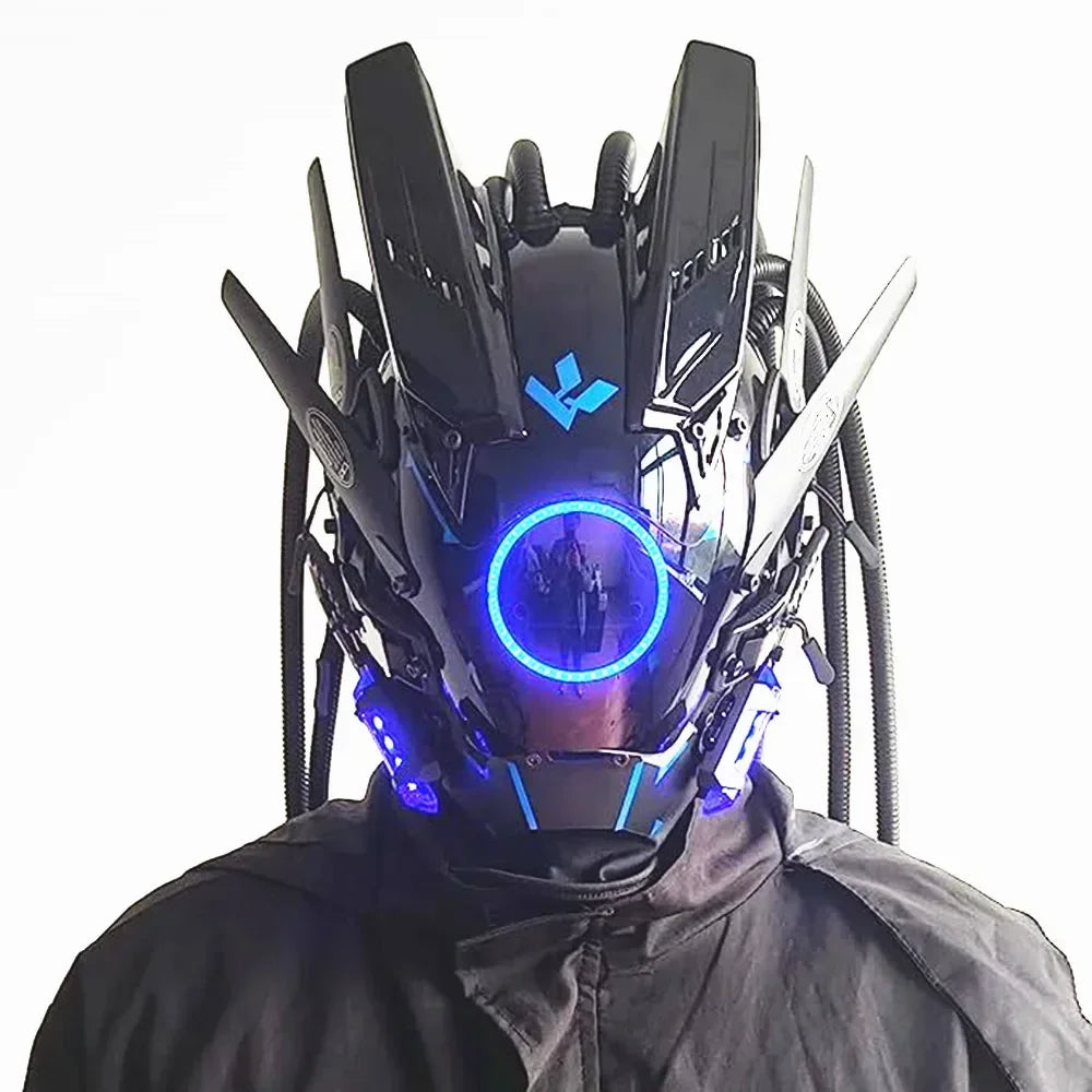 Cyberpunk mask red lighting led with hair Music Festival fantastic cosplay sci-fi soldier helmet Halloween party gift for adults