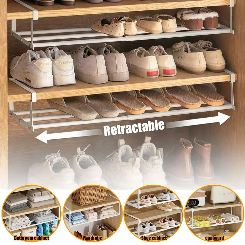 Space - Saving Adjustable Layered Shoe Rack Under - Shelf Holder with Hanging Basket for Home Cabinets