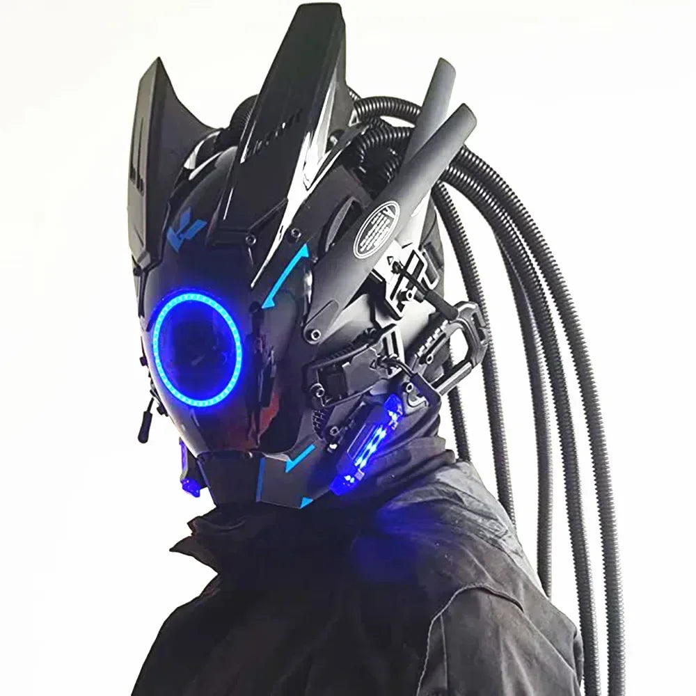 Cyberpunk mask red lighting led with hair Music Festival fantastic cosplay sci-fi soldier helmet Halloween party gift for adults