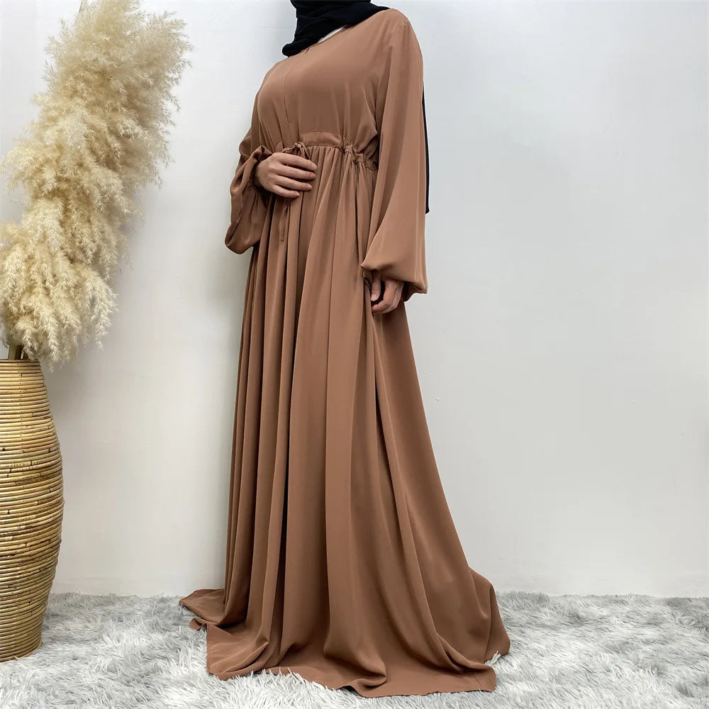 Modest Kaftan Muslim Women Puff Sleeve Dress Zipper Front Abaya Islam Clothing Arabic Robe Dubai Party Gown Eid Ramadan Jalabiya