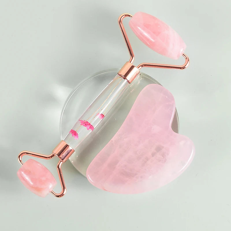 Natural Facial Massager Face Roller Gua Sha Scraper Double Heads Jade Stone Roller Skin Care Rose Quartz Massage for Face Body