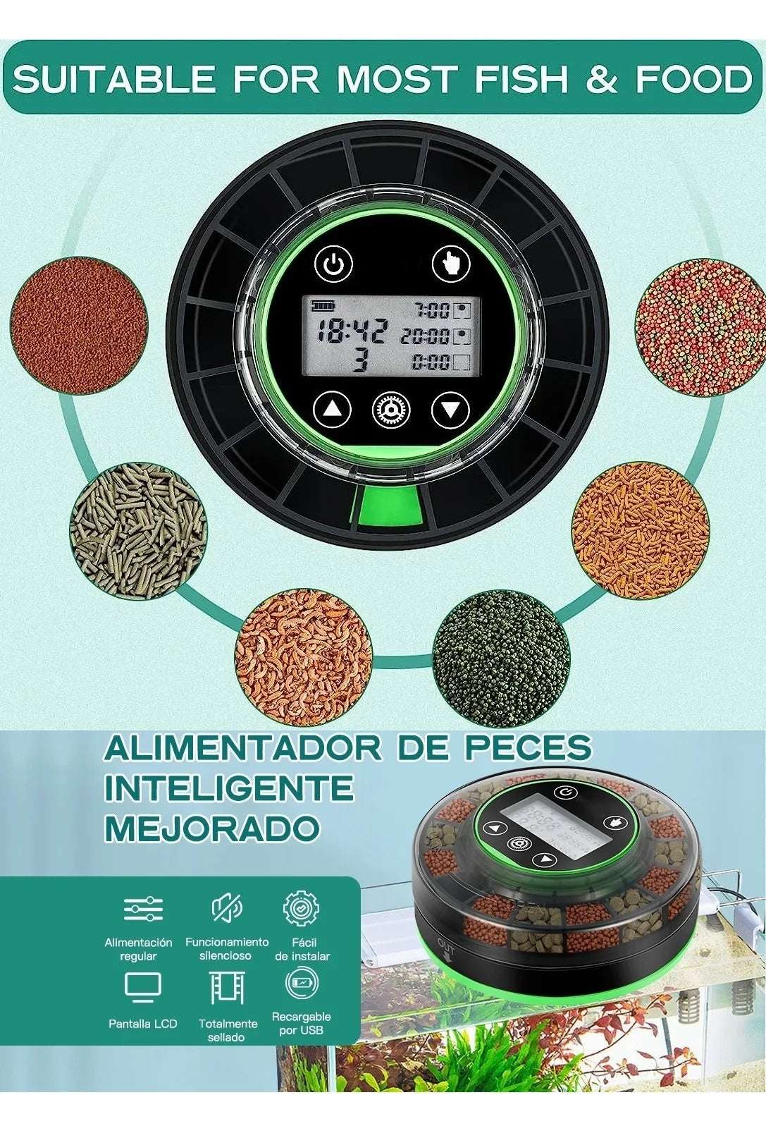 Automatic Fish Feeder for Aquarium, Automatic Food Dispenser with Timer, Rechargeable Timer Feeder, with USB Cable, LCD Display