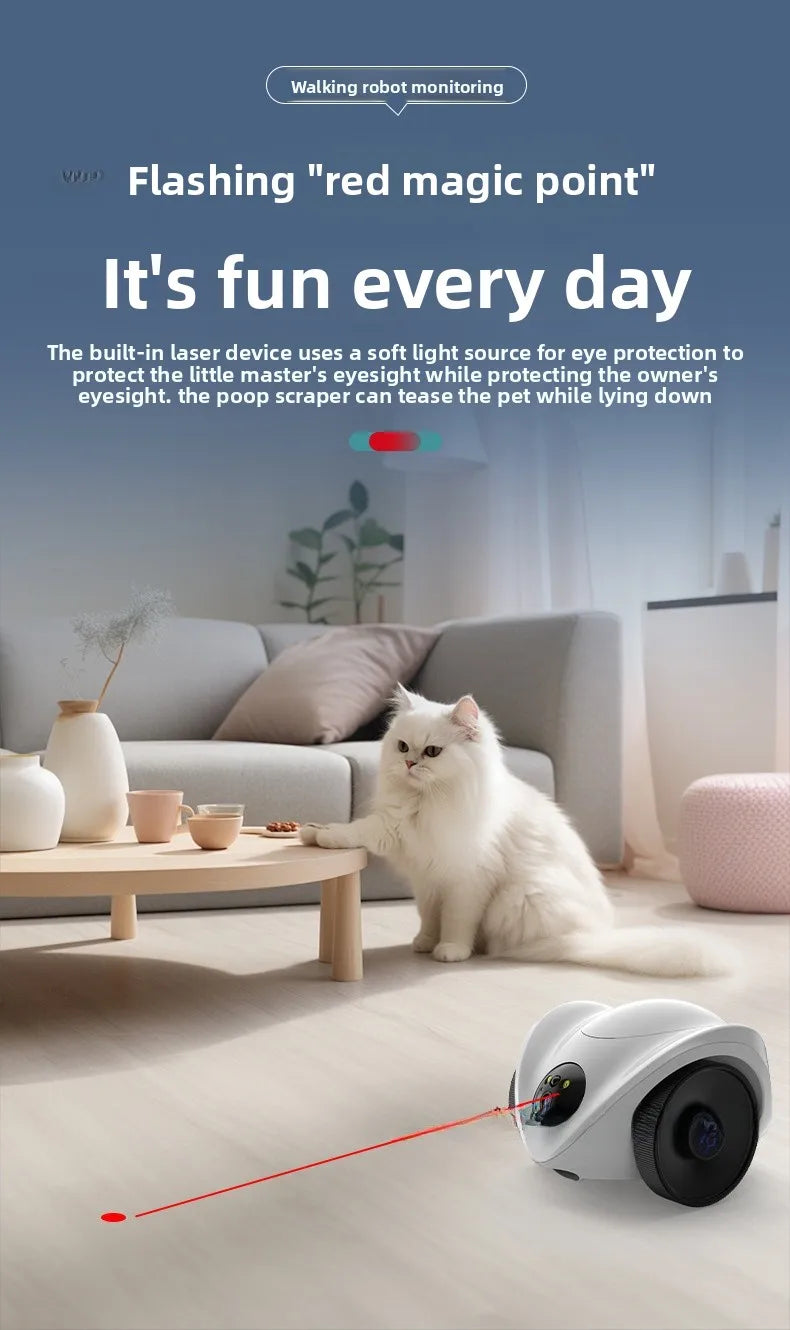 Intelligent pet feeder can be remotely controlled equipped with a camera capable of moving communicating and featuring a laser