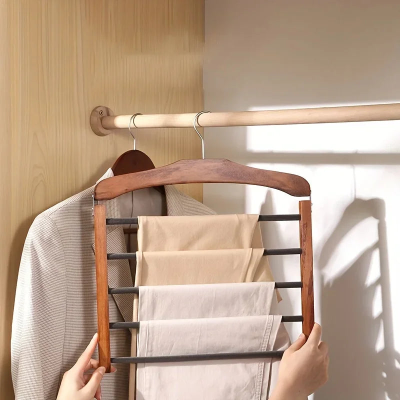 [Space-Saving] Space-Saving Wooden Pants Hanger |   1pc |   Wooden |   Multi-Tier |   Closet Organizer for Ties, Scarves & More