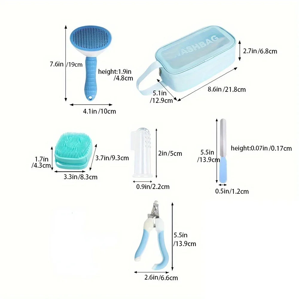 9 Pieces/pet Grooming Kit Includes Hair Removal Brush, Flea Brush, Bath Brush, Nail Clipper and Toothbrush, Storage Bag