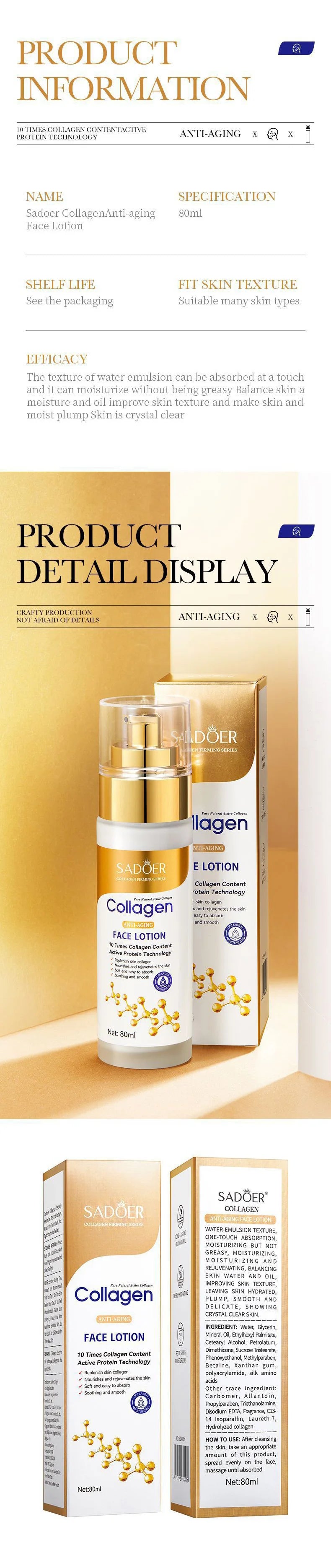 SADOER Collagen Facial Serum Face Lotion Moisturizing Face Emulsion Oil Control Water Anti Wrinkle Refreshing Facial Essence