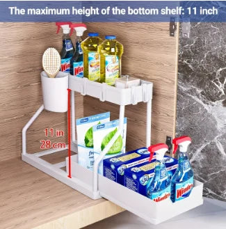 Space Saving 2 Tier Pull Out Storage Box Durable Large Capacity Kitchen Bathroom Essential Drawer Organizer