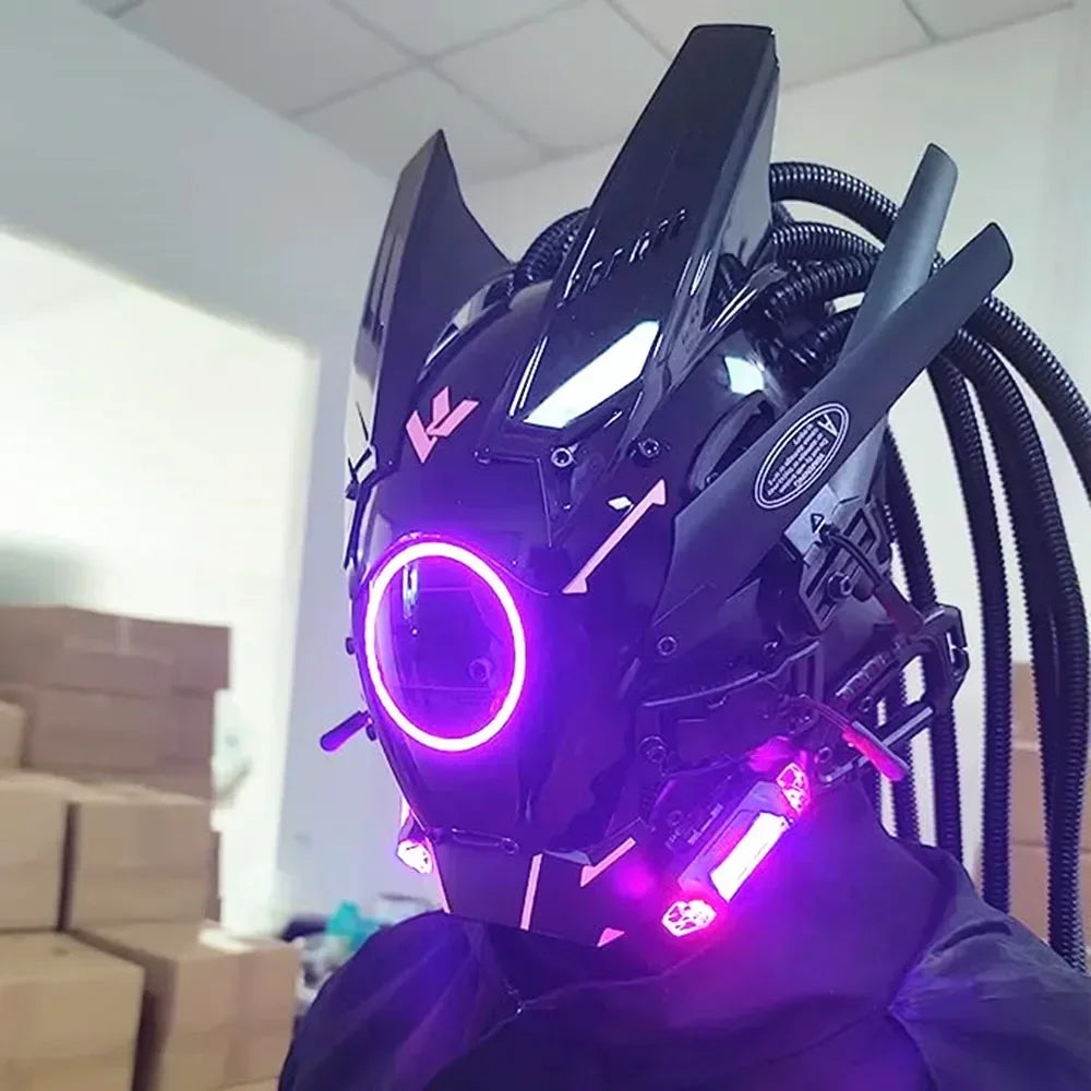 Cyberpunk mask red lighting led with hair Music Festival fantastic cosplay sci-fi soldier helmet Halloween party gift for adults