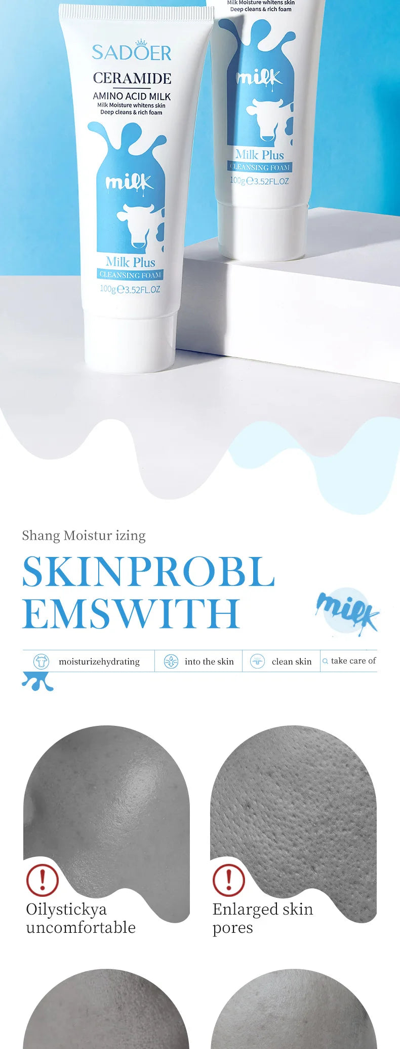 SADOER Milk Facial Cleanser Moisturizing Skin Brightening Nourishing Wash Foam Face Cleanser Facial Skin Care for Beauty