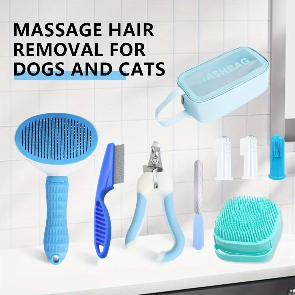 9 Pieces/pet Grooming Kit Includes Hair Removal Brush, Flea Brush, Bath Brush, Nail Clipper and Toothbrush, Storage Bag