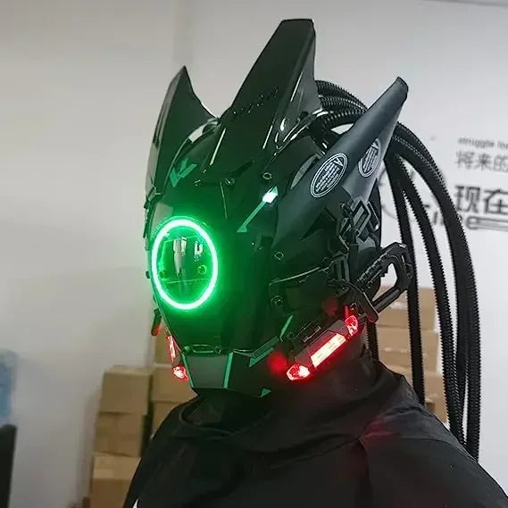 Cyberpunk mask red lighting led with hair Music Festival fantastic cosplay sci-fi soldier helmet Halloween party gift for adults