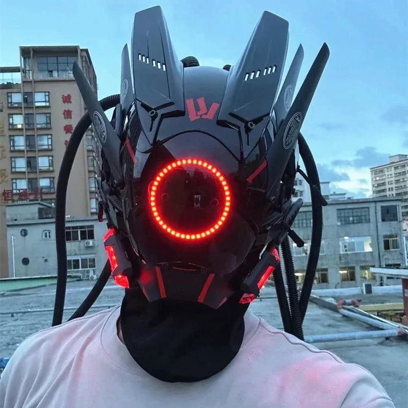 Cyberpunk mask red lighting led with hair Music Festival fantastic cosplay sci-fi soldier helmet Halloween party gift for adults
