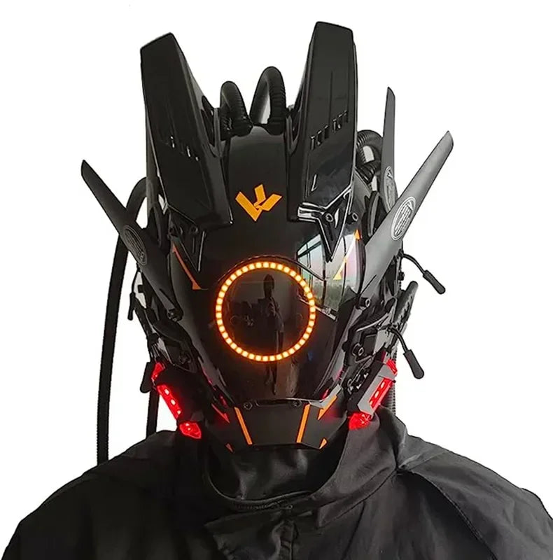 Cyberpunk mask red lighting led with hair Music Festival fantastic cosplay sci-fi soldier helmet Halloween party gift for adults