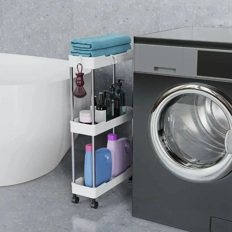 Space-Saving Mobile Shelving Unit，Slim Rolling Storage Cart with Wheels, Narrow Bathroom Organizer & Multi-Purpose Kitchen Cart