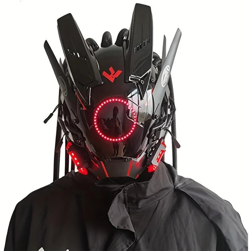 Cyber Led Helmet Mask Music-Reactive Futuristic Light-Up Face Cover Cosplay Party Club Rave Festival Usb Rechargeable Adjustable