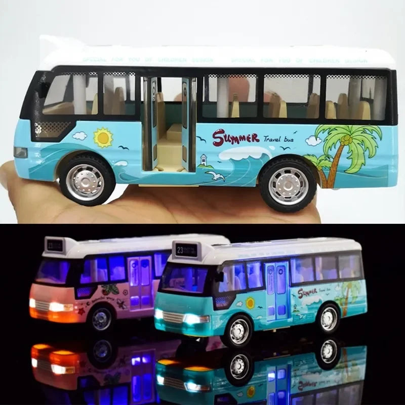 City Bus Toys Cars for Toddlers Cars for Boys Girls Pull Back Play Vehicle Bus Model with Sound Light Up & Open-able Doors